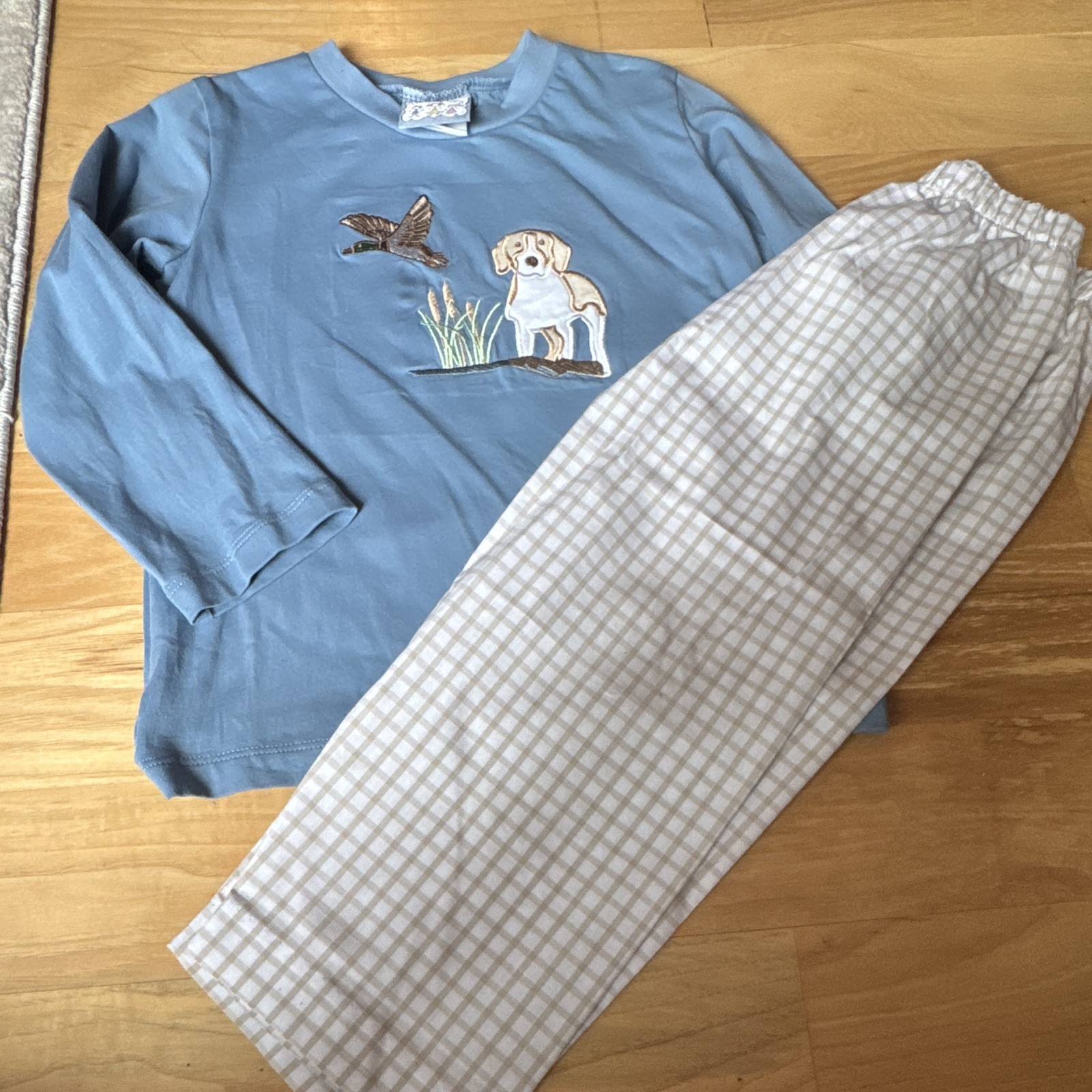 Three Sisters Embroidered Dog/Duck Blue Shirt & Check Pants Set, Boys 3T