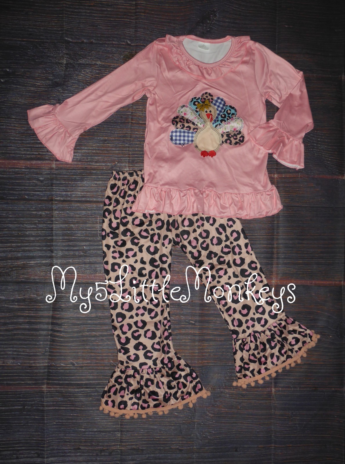 NEW Boutique Turkey Thanksgiving Leopard Bell Bottoms Outfit Set