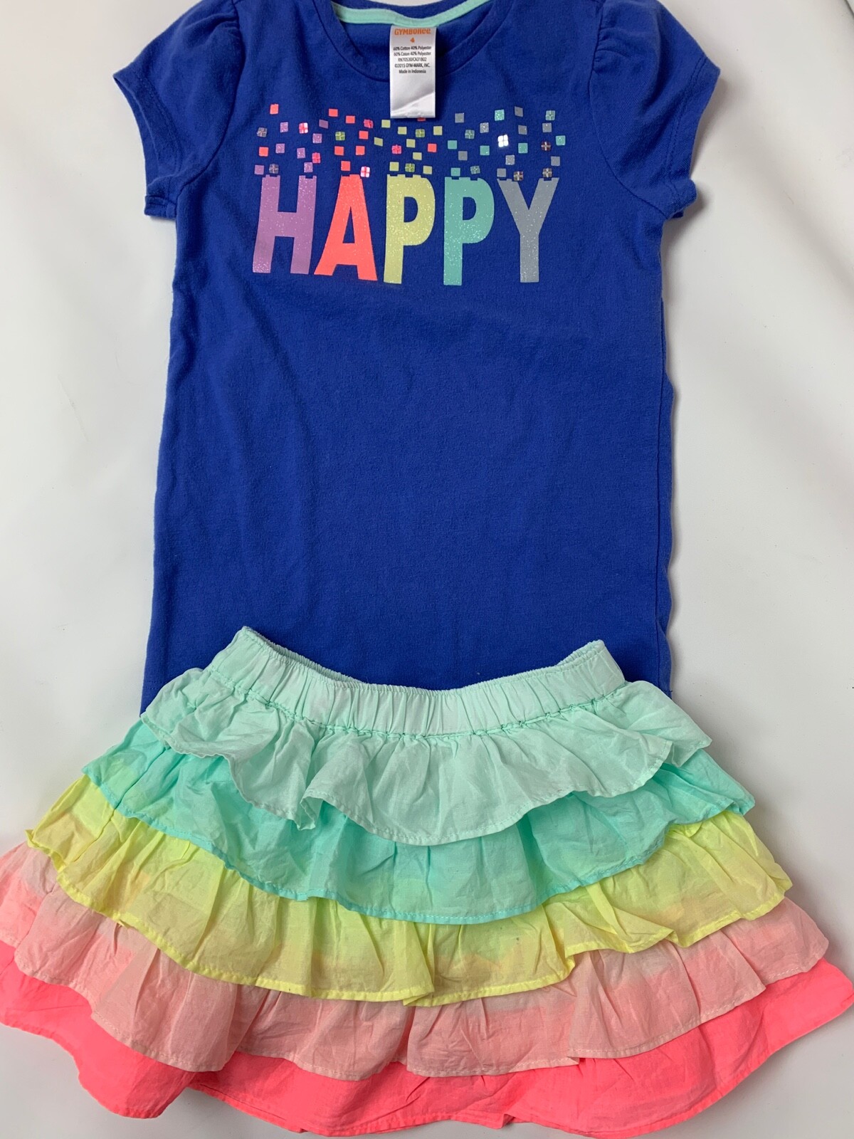 Gymboree Ice Cream Parlor Rainbow Tiered Skirt Happy Shirt Set Outfit 3T 4