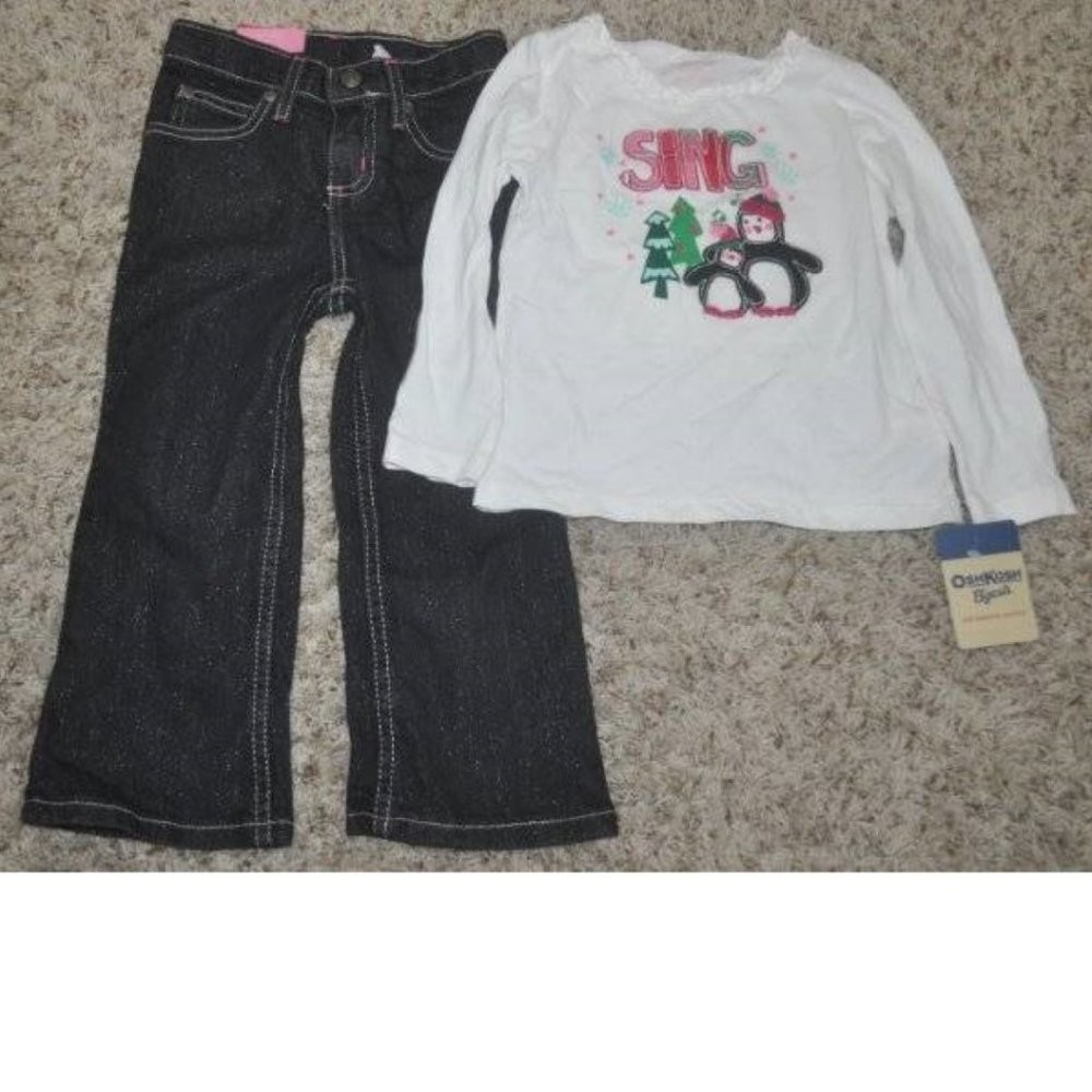 Girls Jeans & Christmas Shirt 3T Black Bootcut Adjustable Waist White Penguin