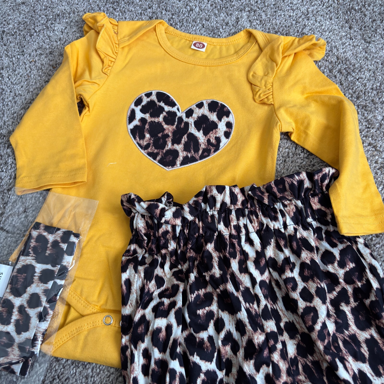 Infant Leopard Print Heart Ruffle High Waist Pant Set w/Headband12-18mos.