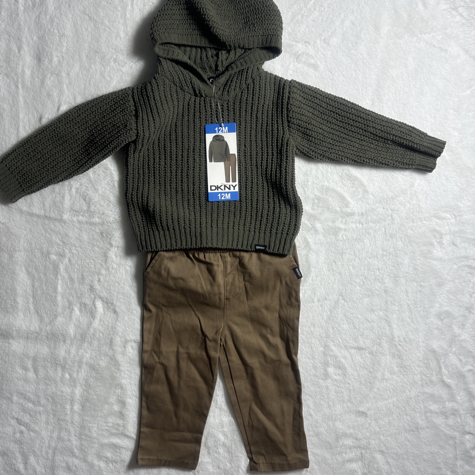 DKNY Boys 2 Piece Hooded Sweater & Pant Set 12M Green Khaki