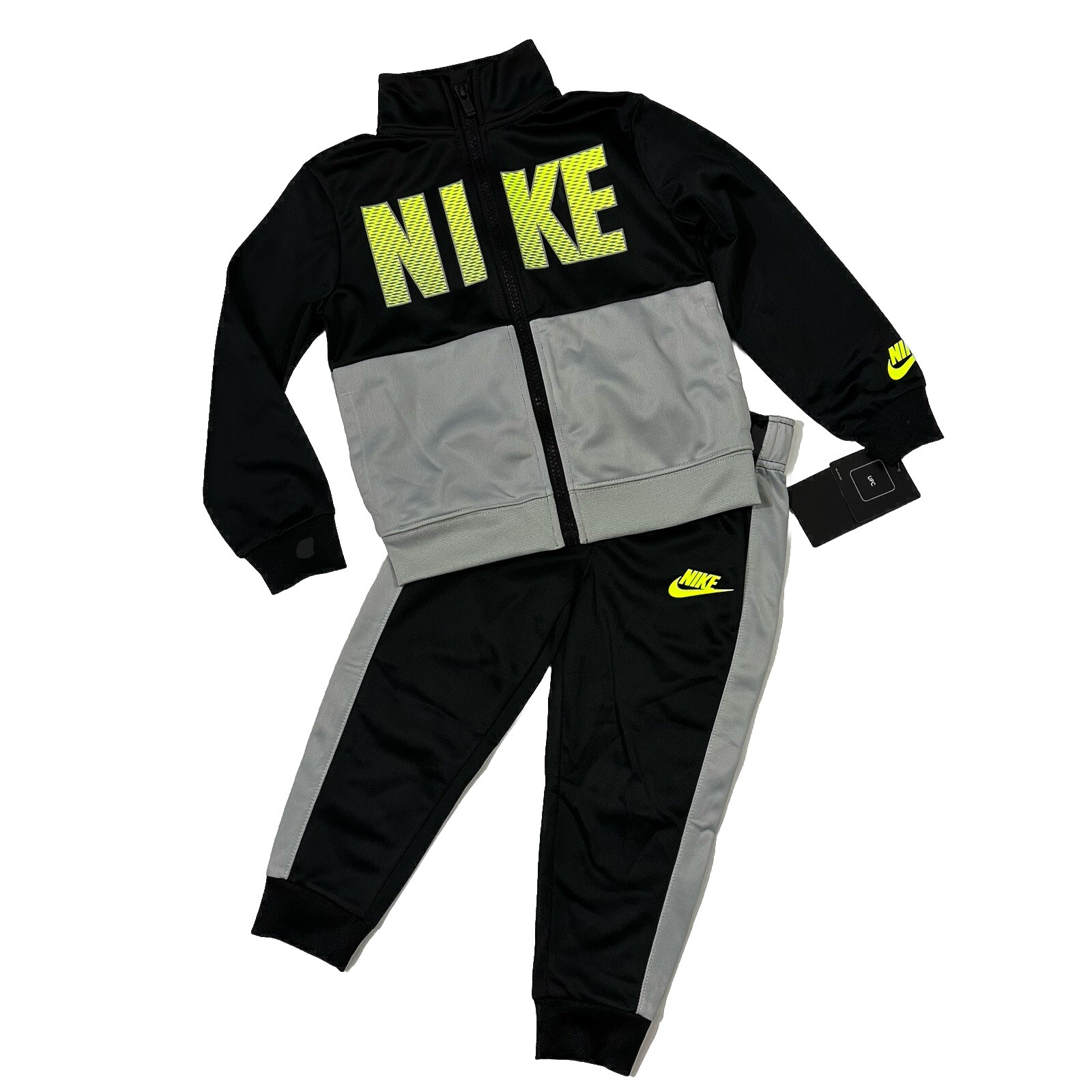 Nike NWT Boys Size 2T Track Suit Jacket Logo Jogger Bottom Set Black Light Grey