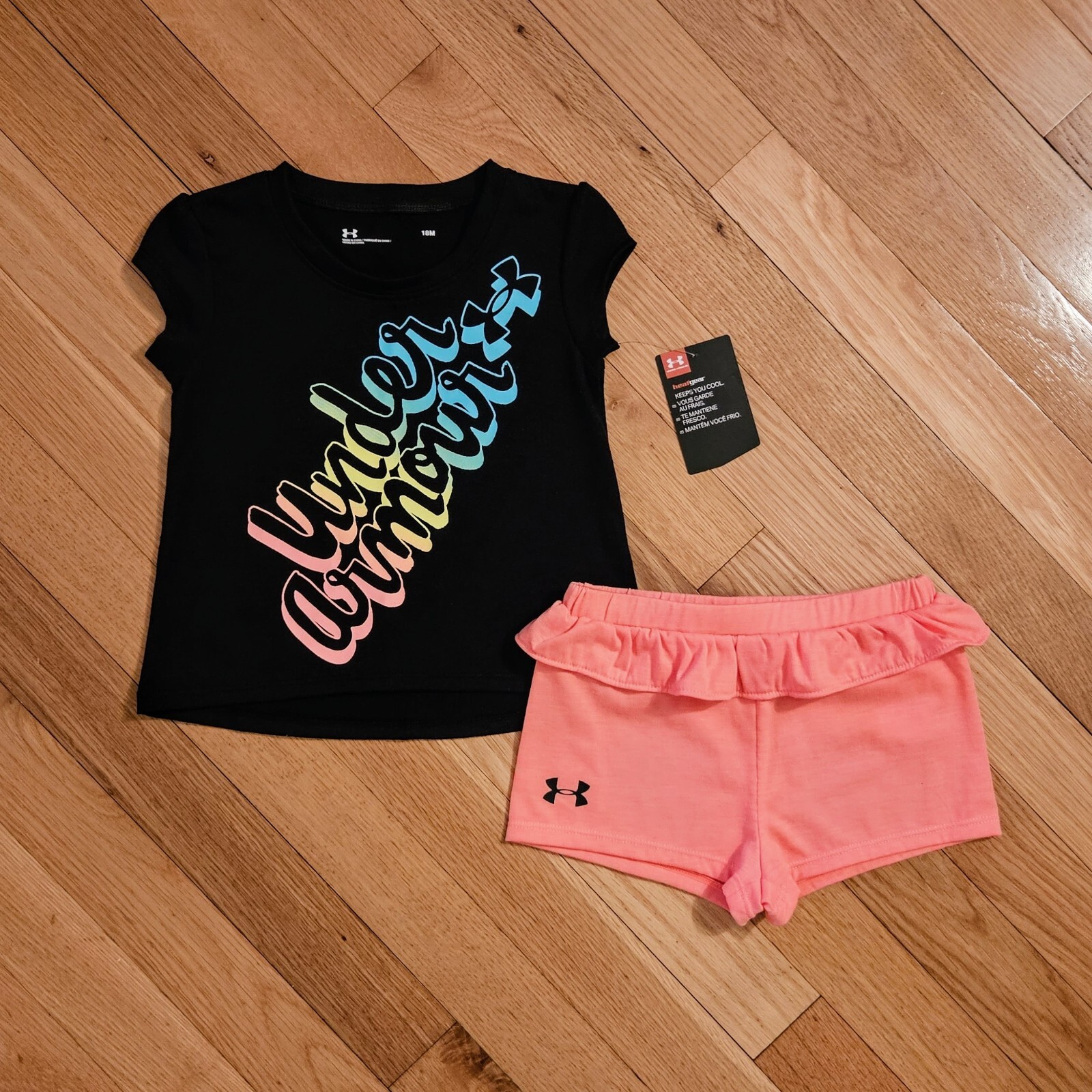 NEW Under Armour Baby Girl Tee & Short Set, Black/Coral Pink (18m)