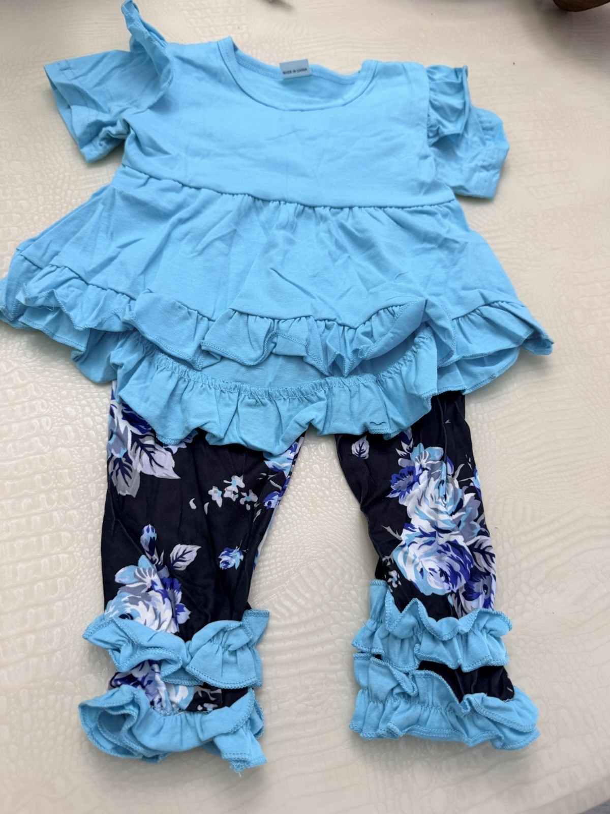 Girls 2pc Blue/Black Ruffle Top Floral Leggings Set 12-18M