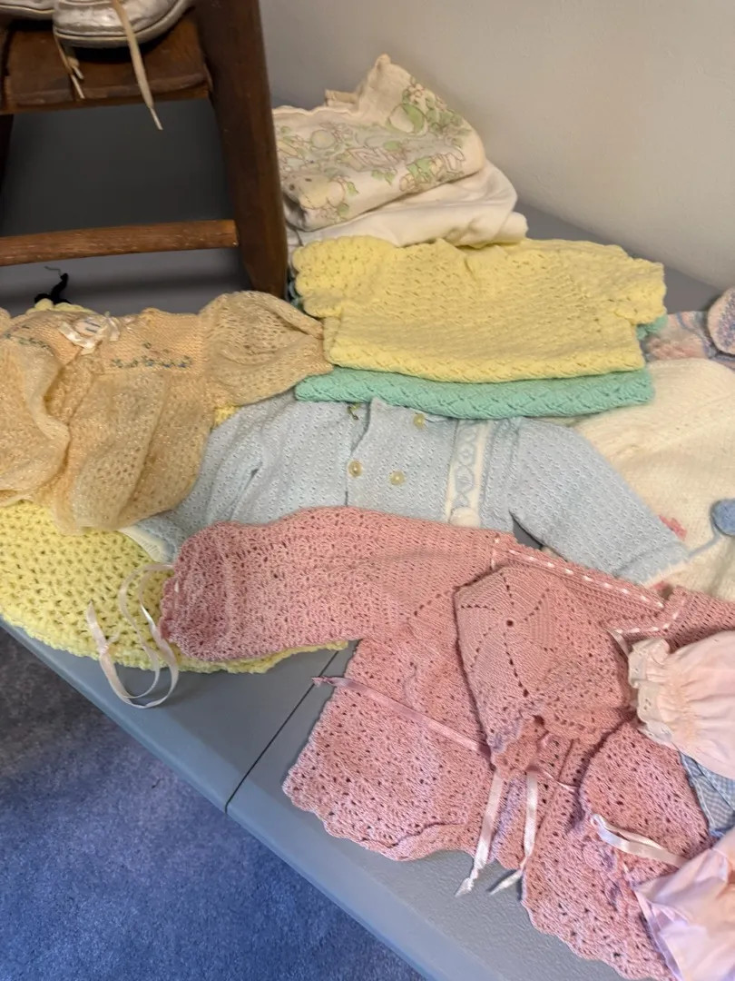 VTG Baby Clothes Lot Of 179 hand knit/crocheted sweaters , christening gown etc