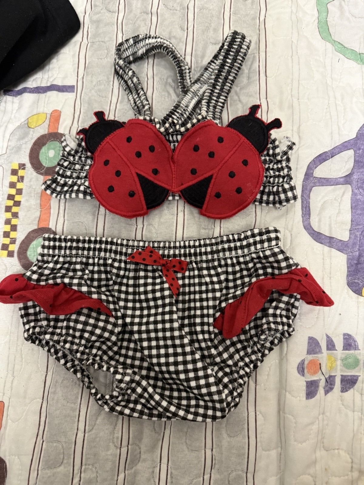 Vintage KaBoom Ladybug Baby Outfit 12 Months 2pc Set Gingham Bloomers Y2K Cute