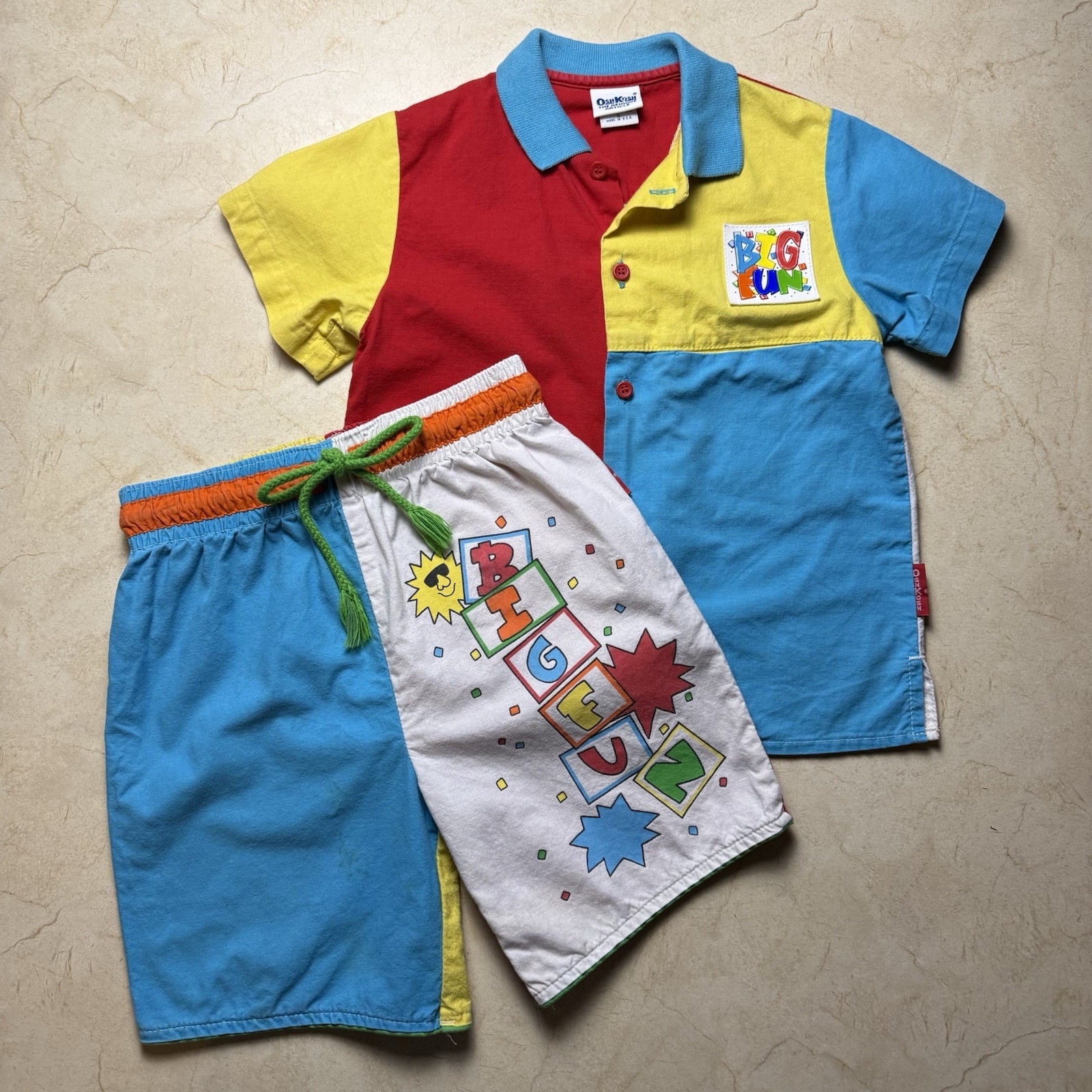 VTG 80s Osh Kosh B’gosh Big Fun Colorblock 2 Piece Shirt Shorts Set Kids Size 5