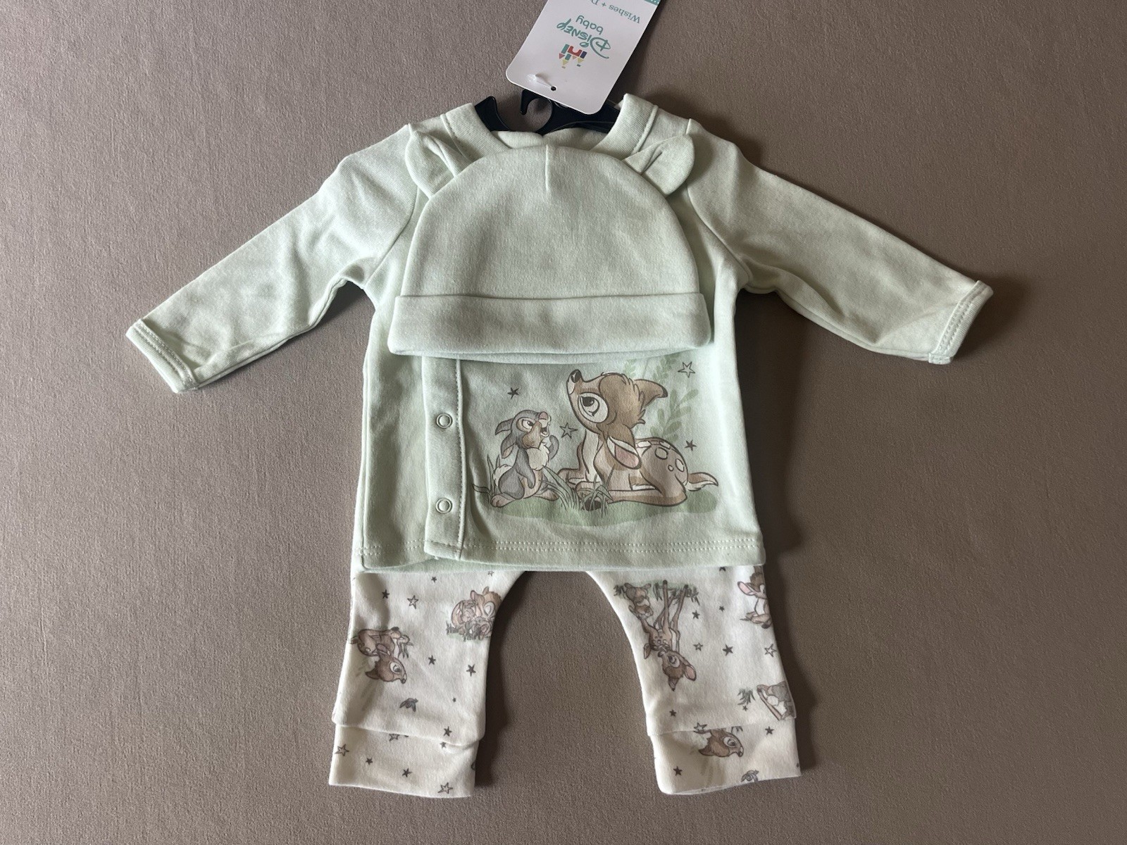 Disney Baby Unisex “Bambi & Thumper” 0-3 Months Long-Sleeve Top, Pants & Bib~New
