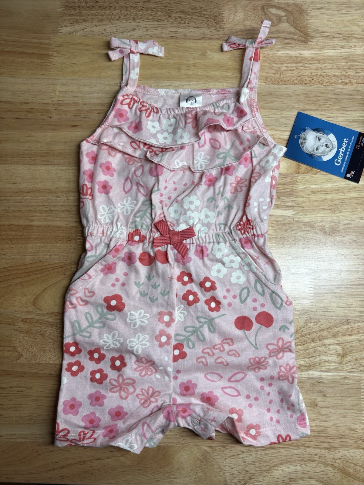 GERBER Baby Girl Pink Flower Romper 12 Months New With Tags 100% Cotton