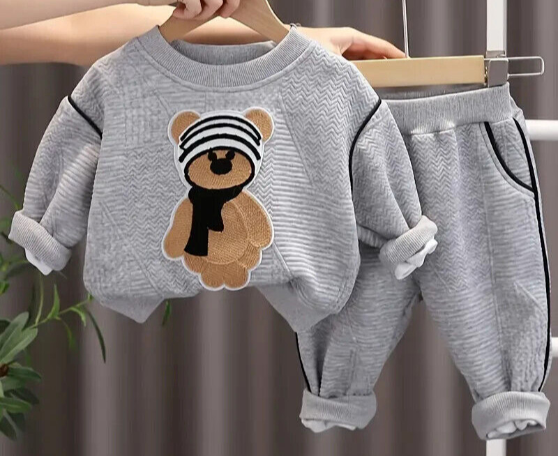 NEW Baby Boy Outfit Gray Shirt Pants 12-18M Quilted Bear Applique Pockets 126