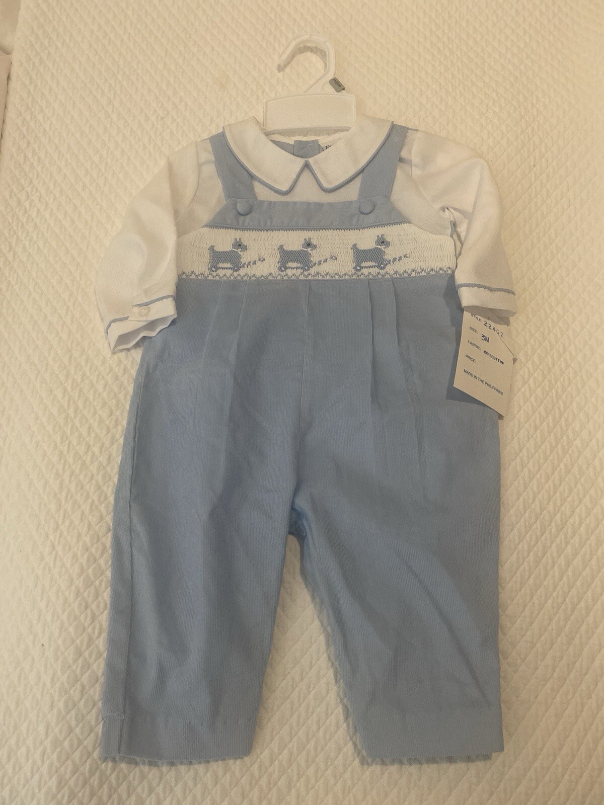 NWT FRIEDKNIT CREATIONS BABY BOYS SMOCKED ROMPER SIZE 3 MOS BLUE & WHITE