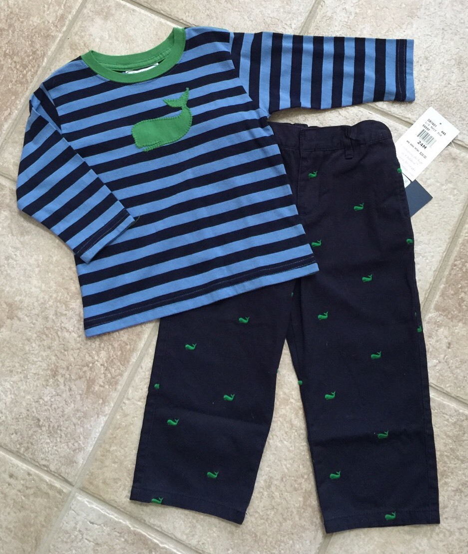 NEW Hartstrings Boys Long Sleeve Shirt Top And Pants Set Whale Blue Green 24M