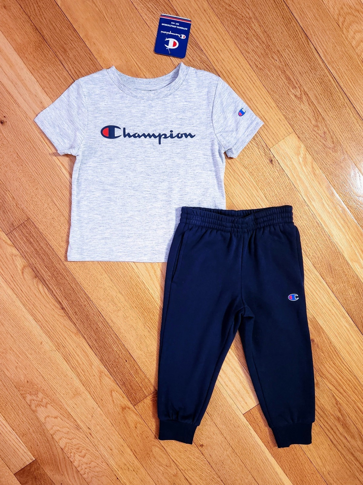 NEW Champion Toddler Boy Tee & Fleece Jogger Pant Set, Gray/Navy (2T)
