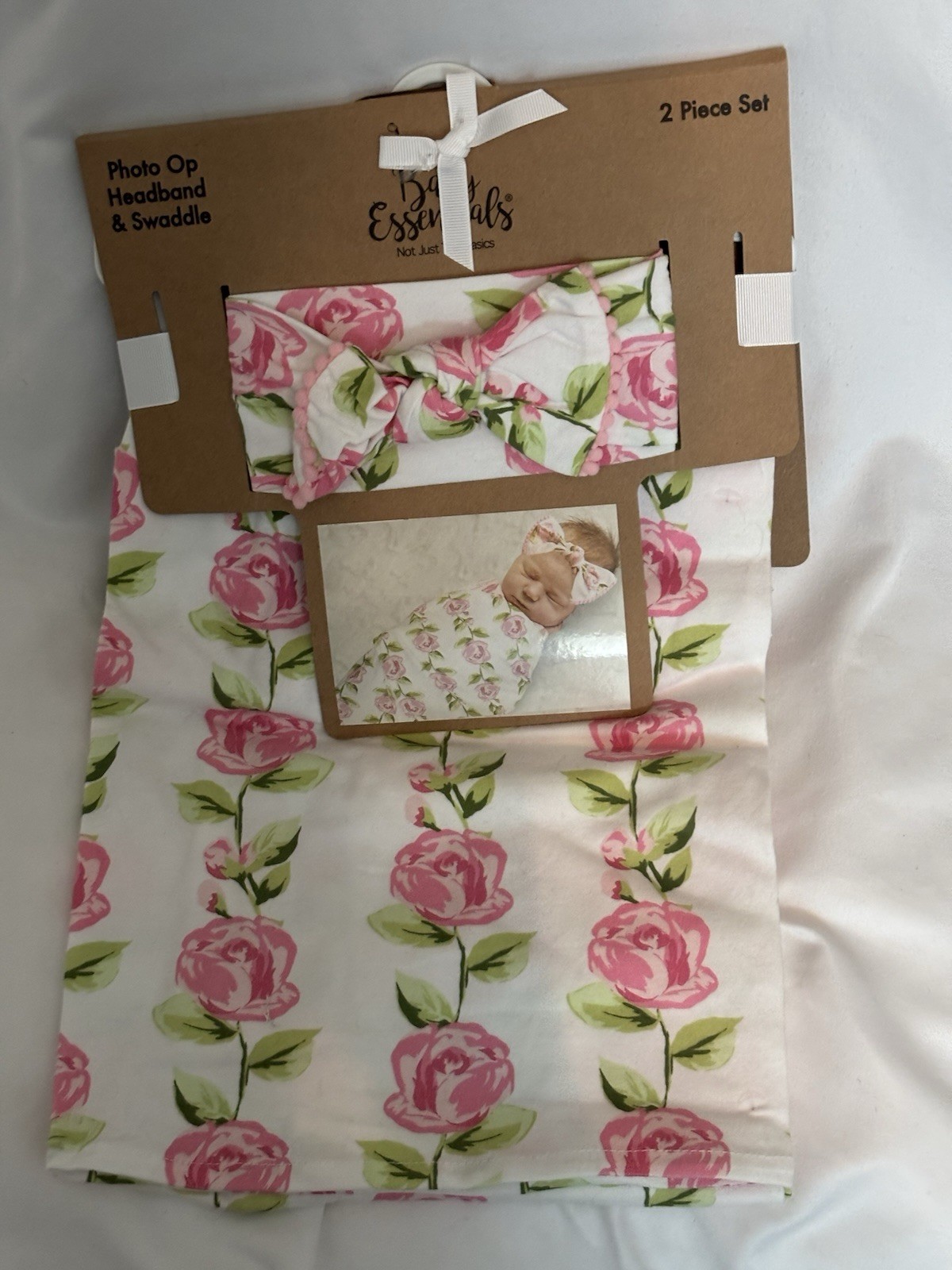 Baby Essentials 2pc Floral Swaddle Set w/ Headband Bow, One Size Cotton Blend