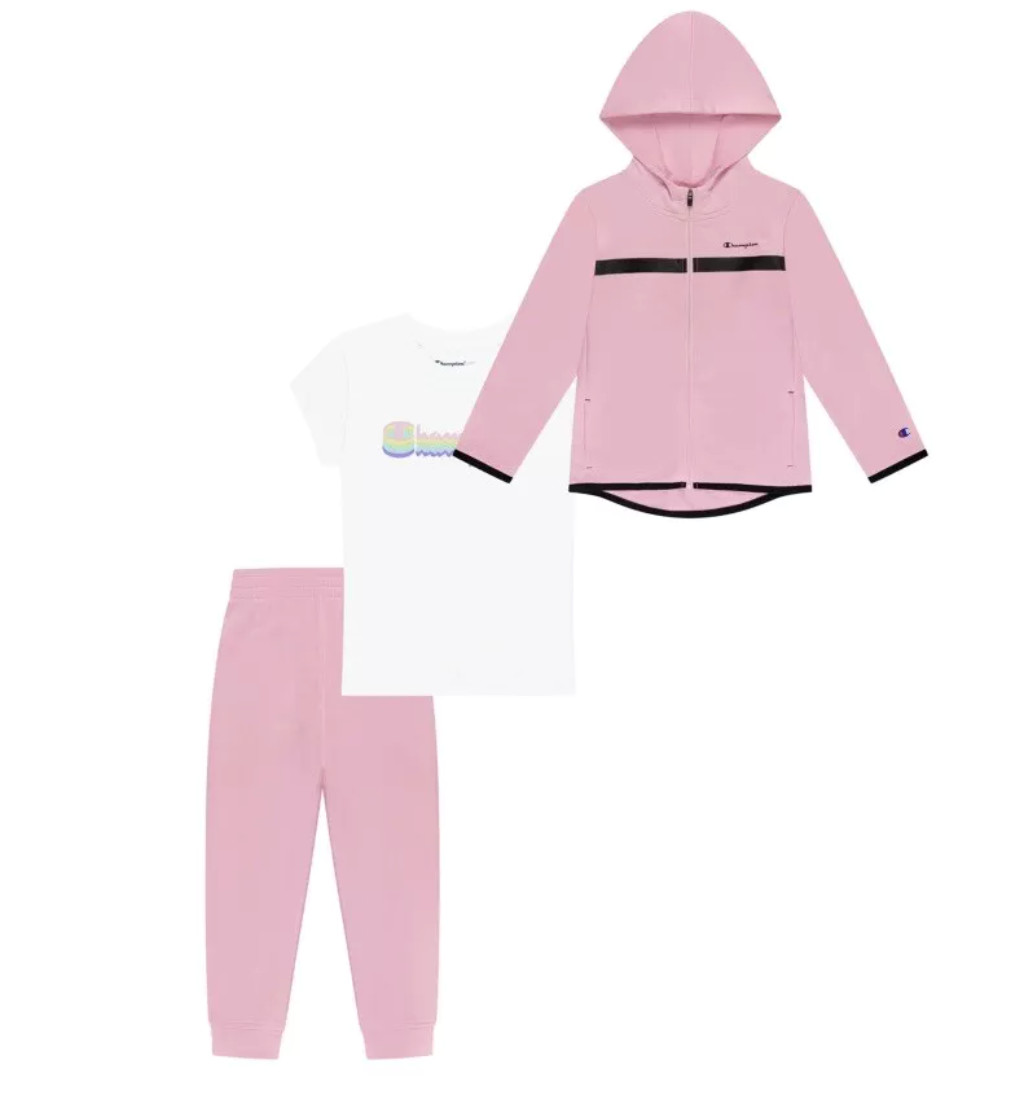 Champion Toddler Girls’ Pink White Active Hoodie, Joggers & T-Shirt Set NWT 4T