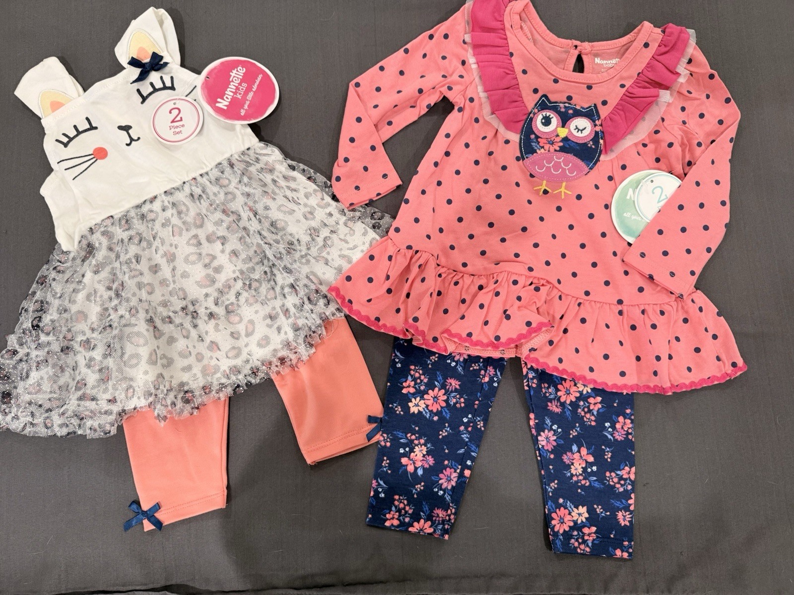 (2) NWT Nannette Cat Ruffle Tunic w/Shorts + Owl Top Leggings 12 Months (2 Sets)