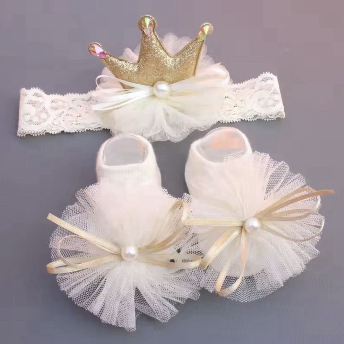White Crown Headband and Socks Set | Gold Bow Pearl Accent | Baby Outfit 0-1Y
