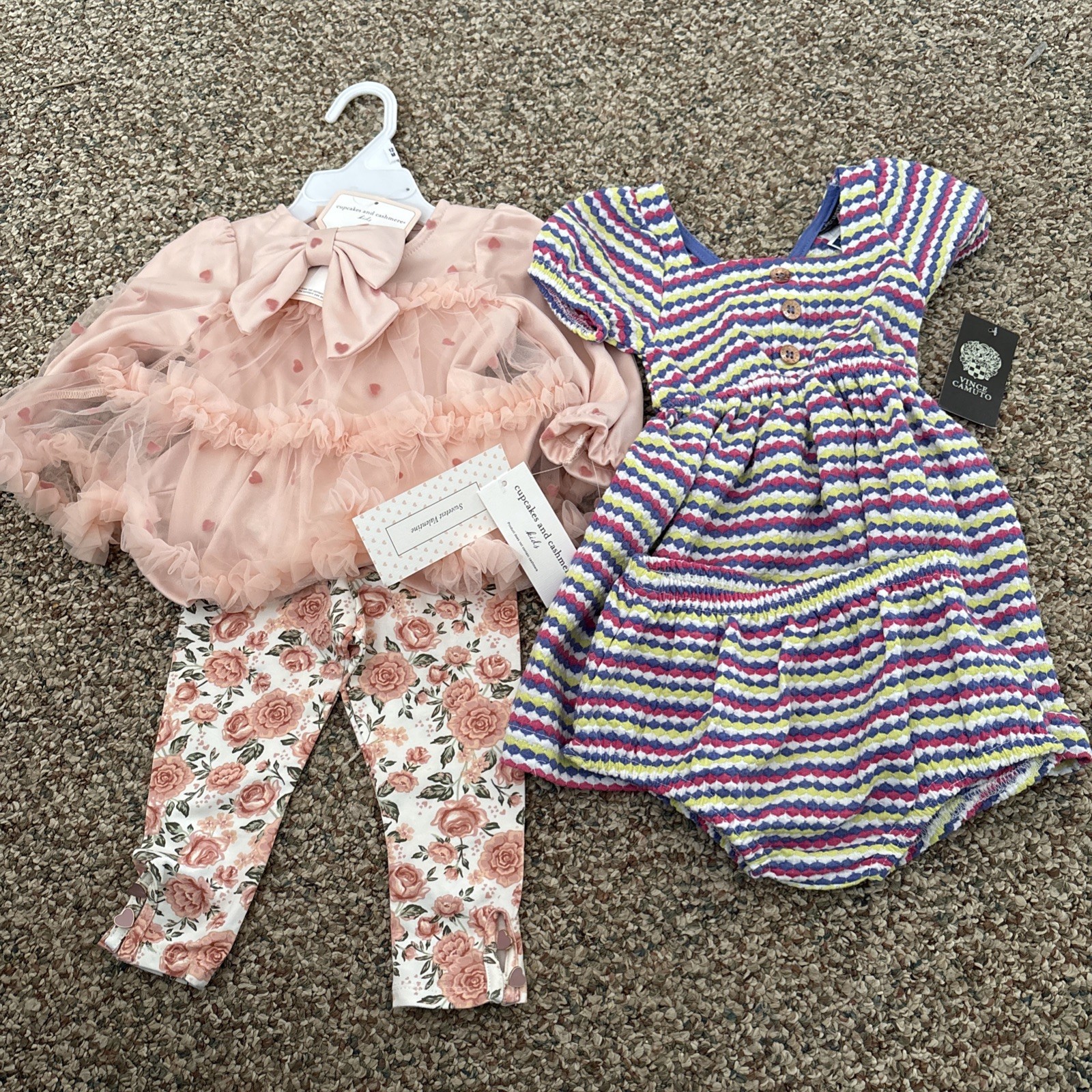 lot of 2 infant girls Dressy Floral Pants Outfit W/ Bow, Vince Camuto Romper 12M