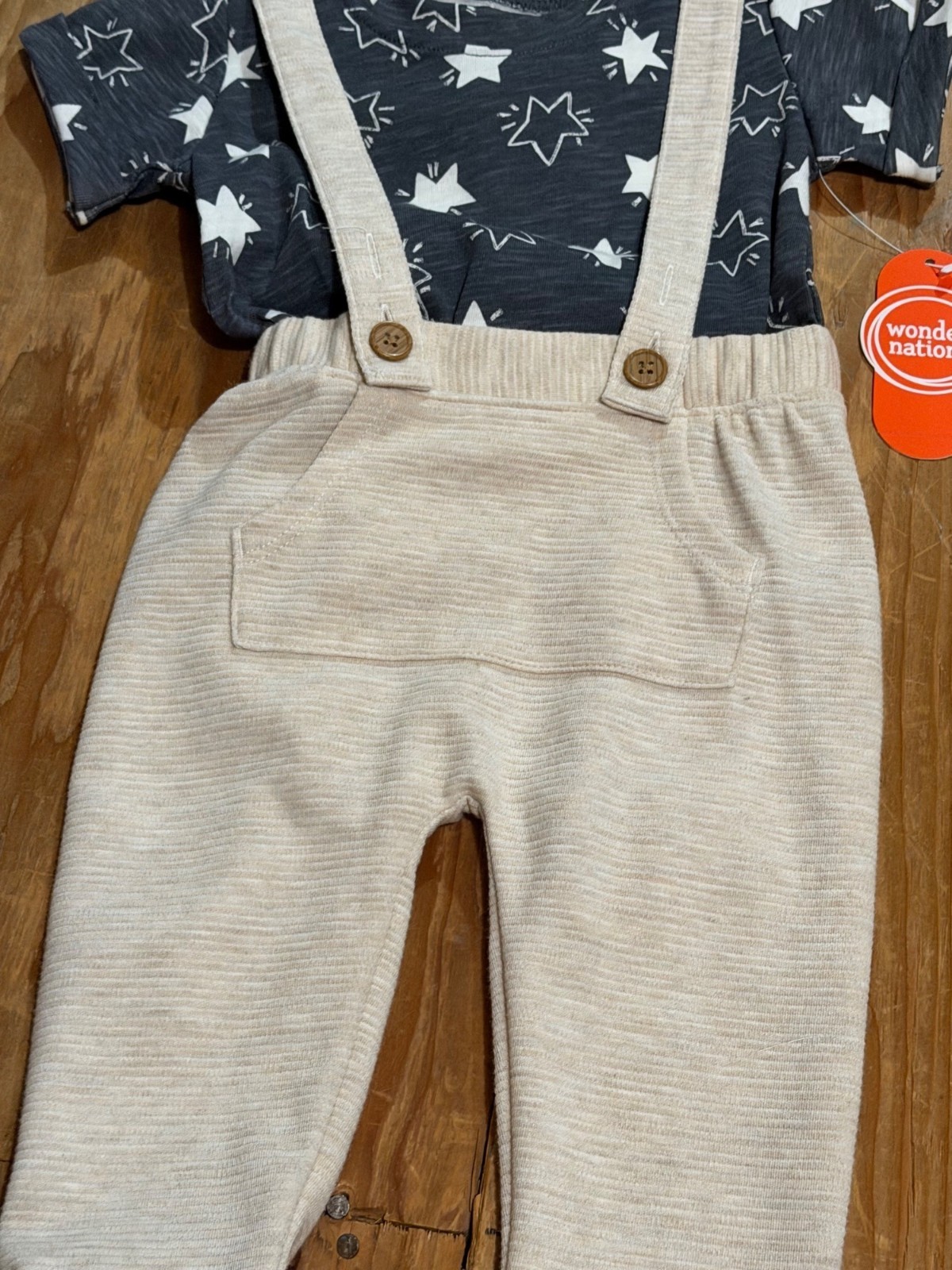 NWT Wonder Nation Baby Boys 12M 2-Piece Outfit Set Star AOP Shirt & Suspenders