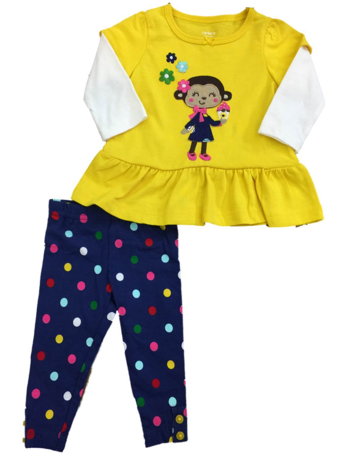 Infant Girls Yellow Monkey & Ice Cream Shirt & Polka Dot Leggings 2-PC Outfit 3m