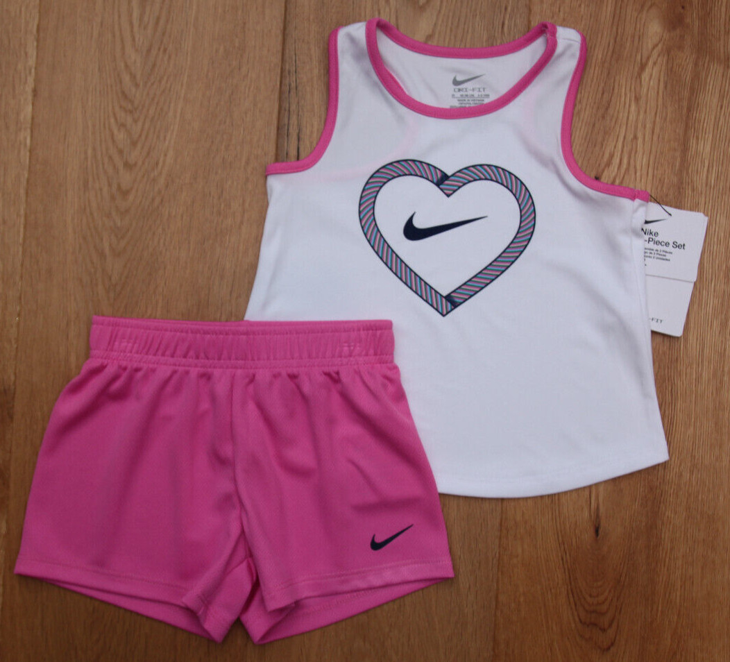 Nike Toddler Girl Tank Top & Shorts Set~White, Pink, Blue & Yellow~Heart~DRI-FIT
