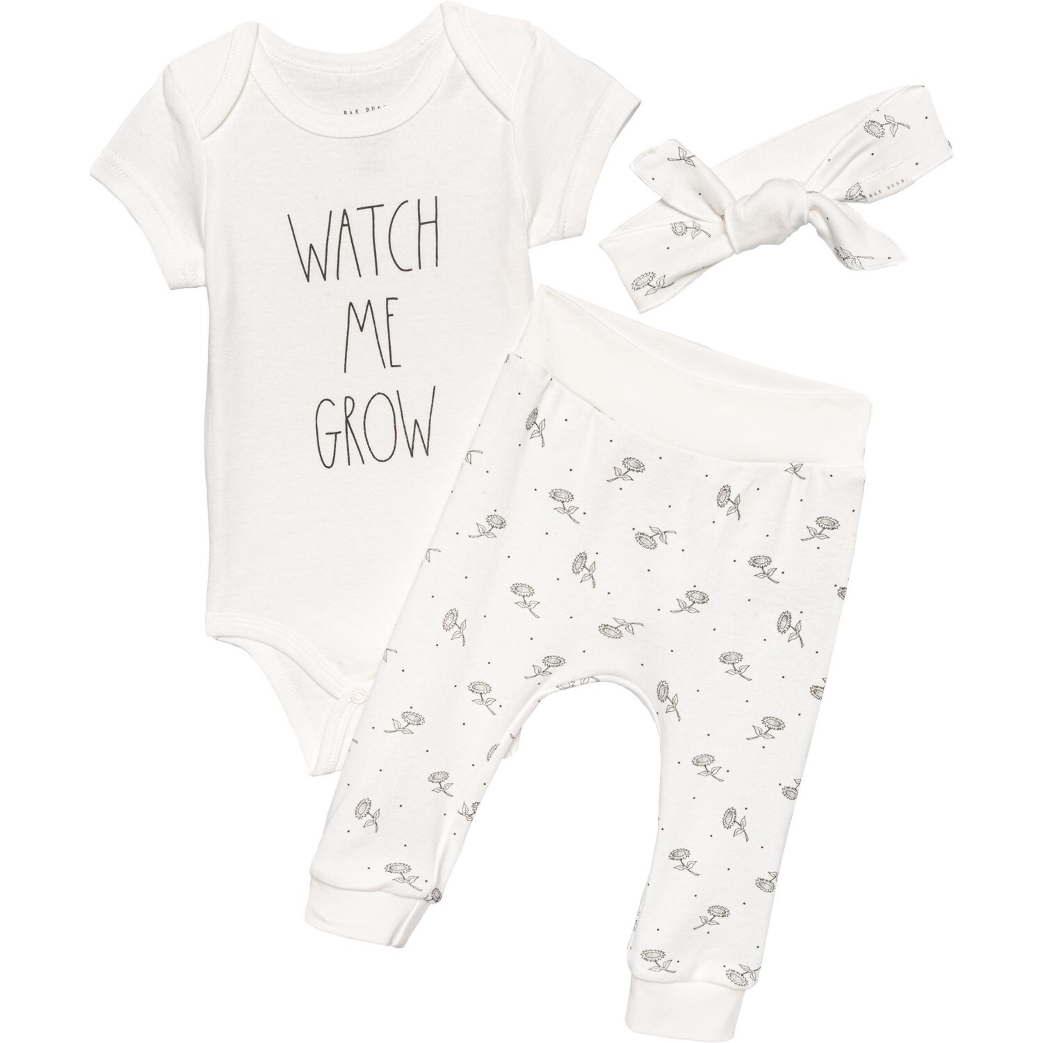 Rae Dunn 6/9M Infant Baby Bodysuit Pants Headband Set 3 Piece Watch Me Grow C74