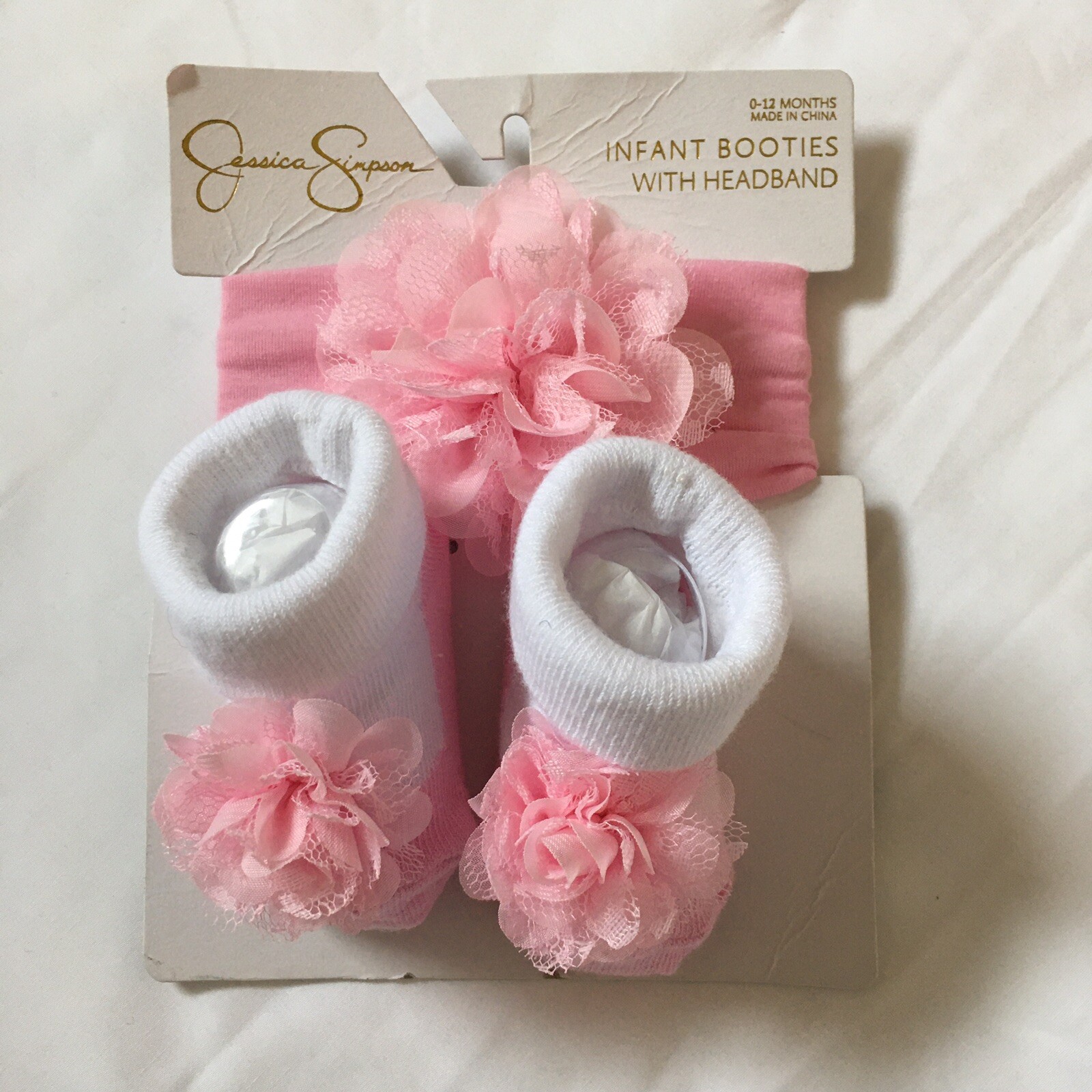 JESSICA SIMPSON Size 0-12 Months NWT Infant Pink White Booties and Headband