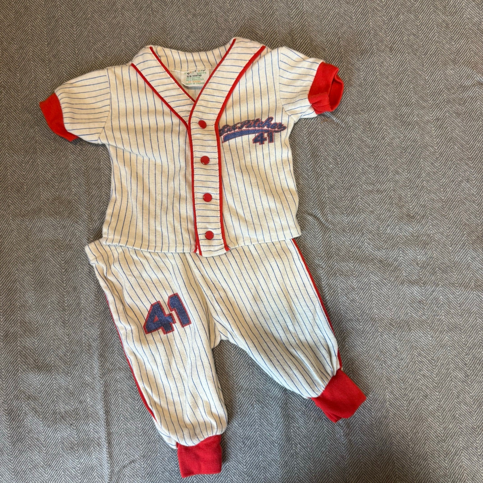 Vintage Baby Baseball Outfit Pants Shirt Boy Pinstripe Lil Pitcher 0-6 Months