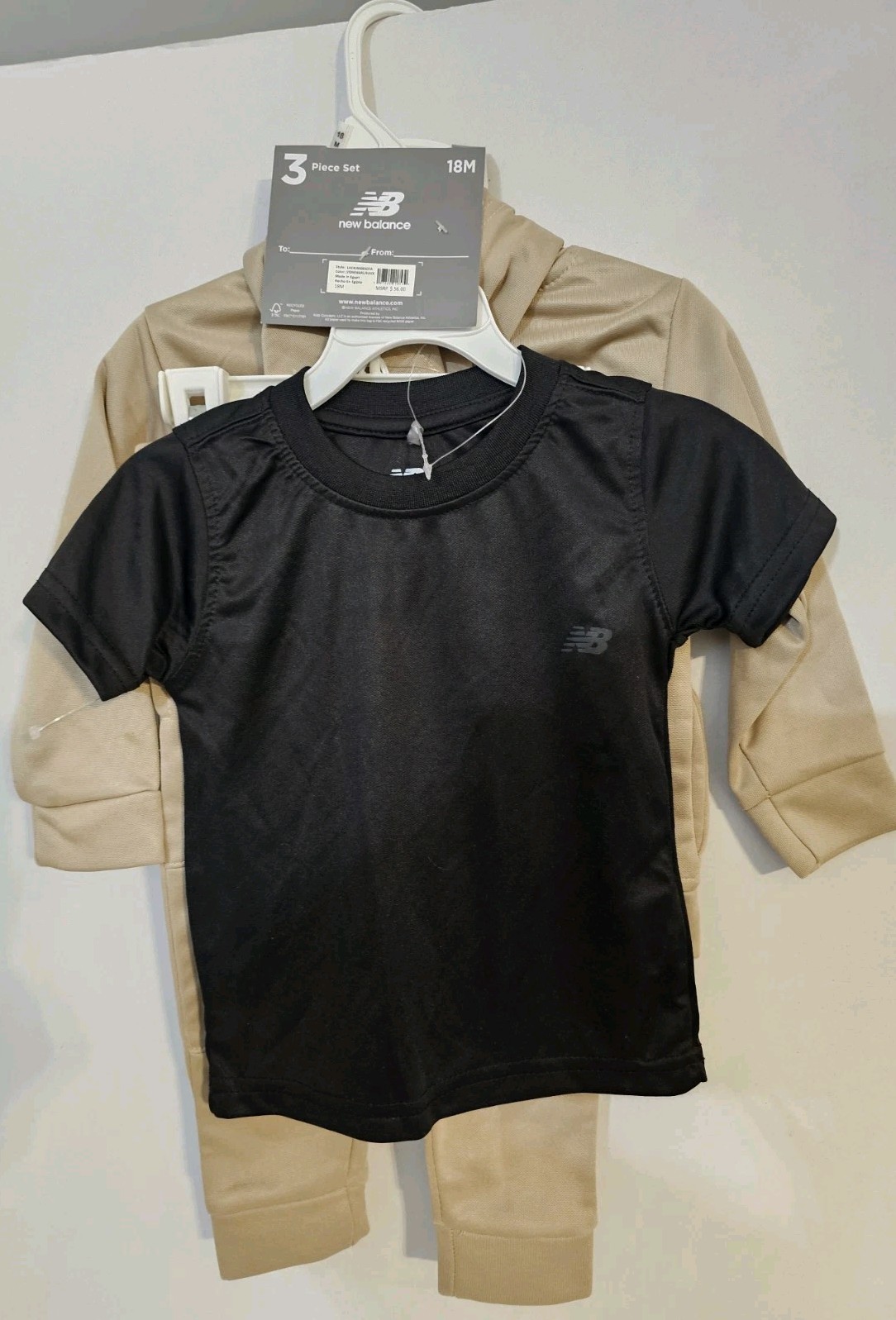 New Balance 3Pc Fleece Hoodie, T-Shirt & Jogger Set, Tan/Black, NWT~ 18 Months