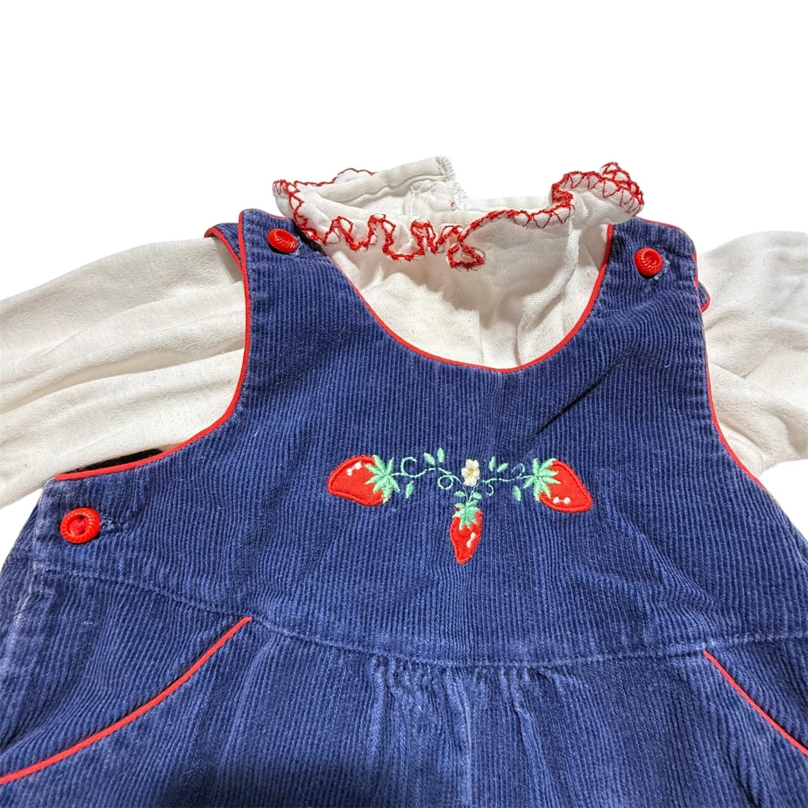 Vintage 70s/80s Baby Togs Navy Corduroy Strawberry Overalls Set 6-9 Months