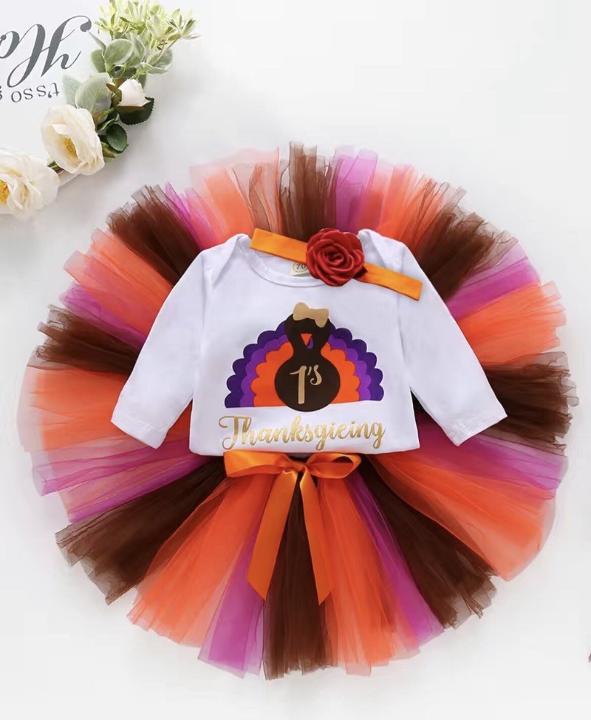 Baby Girl 1st Thanksgiving Tutu Set Turkey Shirt Skirt Headband 6/9Months