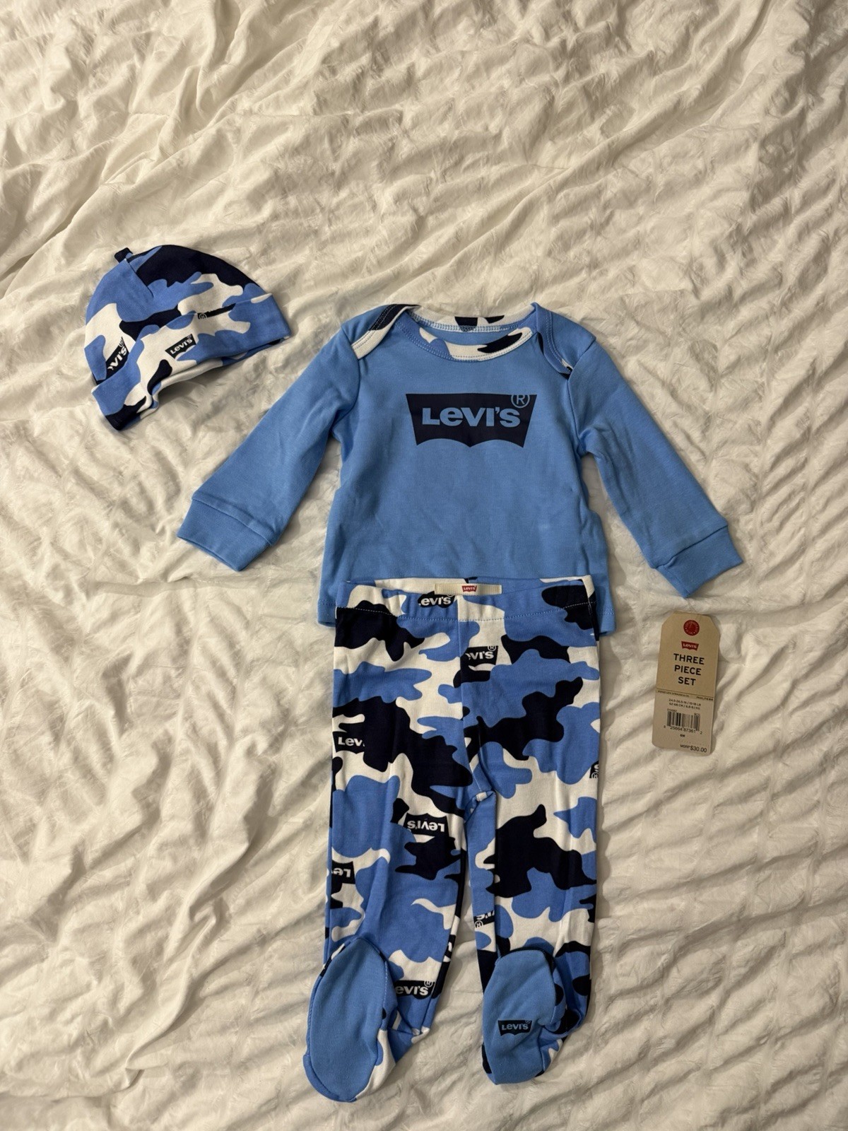 Baby Levi’s 3 Piece Set 6 Month Old Blue Camo Long Sleeve Shirt, Pants, And Hat