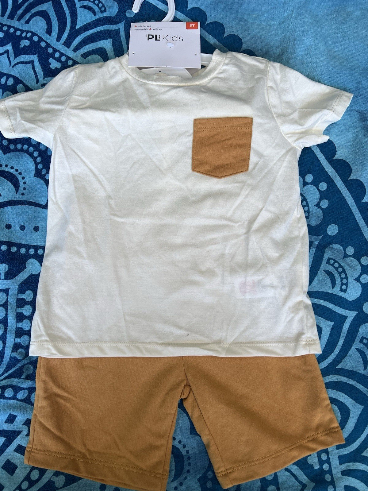 PL Kids 3T White Brown Cotton Shorts Set Outfit with Pocket, Summer Casual