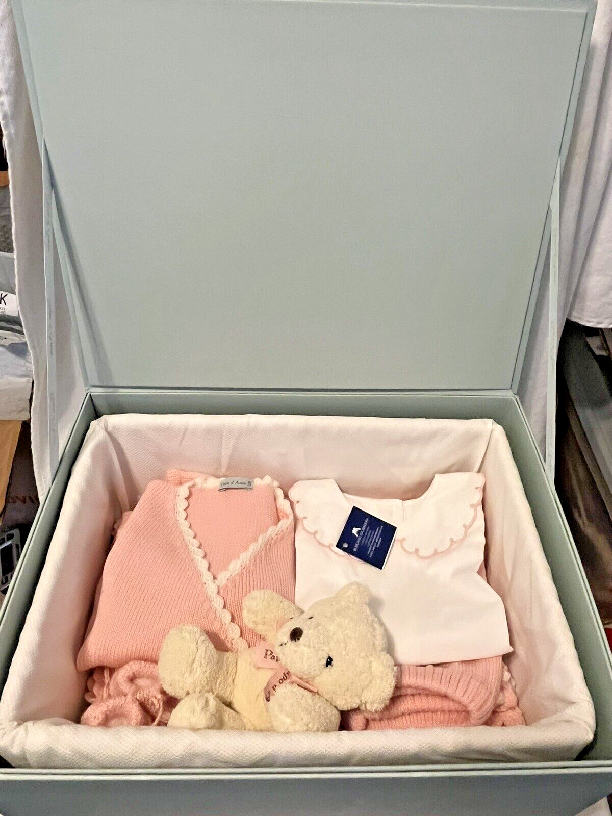Papo d’Anjo Baby Layette 12mo Pink Deluxe Gift Basket Blanket 100% Wool 2007 New