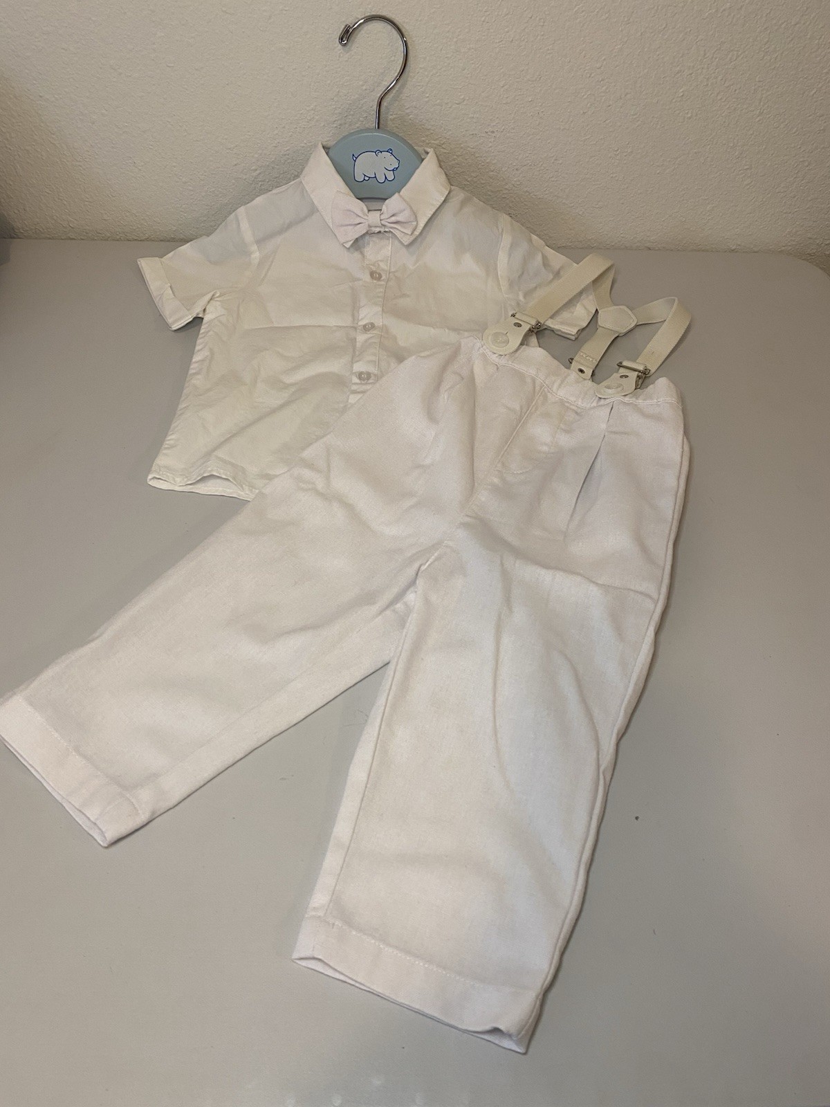 4 PC Boys White Baptism Outfit Size 2-3T Suspenders Pants Shirt With Bow