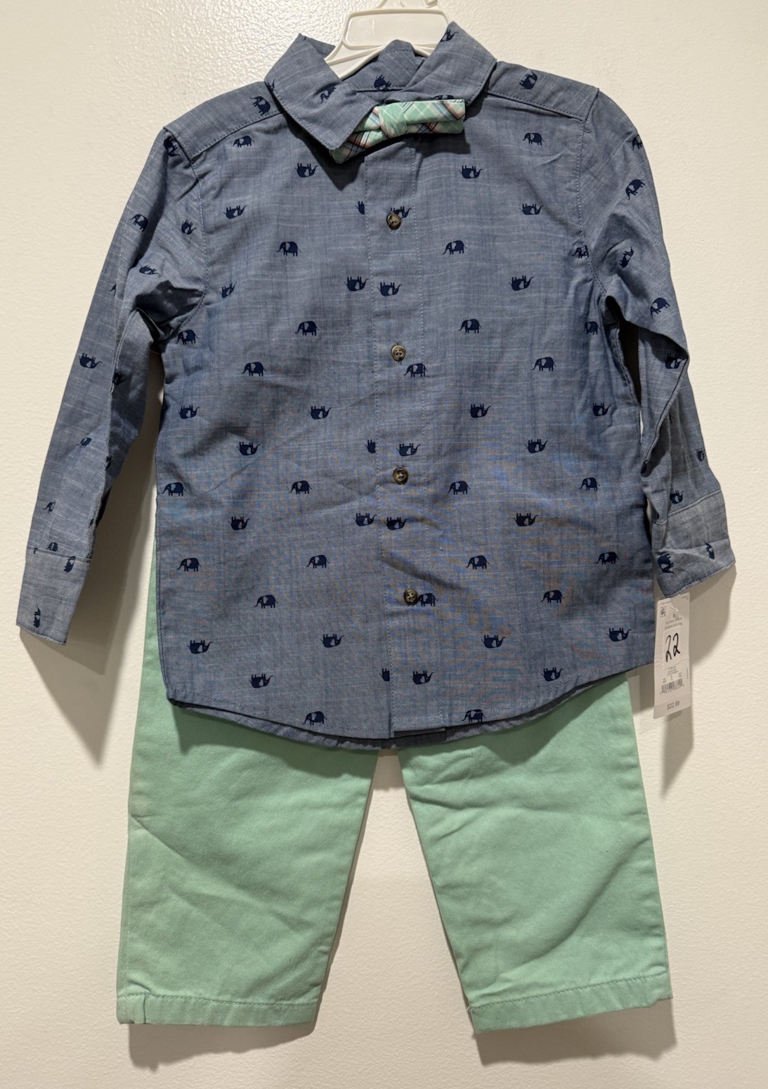 3 Piece Carter’s Just One You Blue Green Button-Up Shirt Pants & Bow Tie 3T