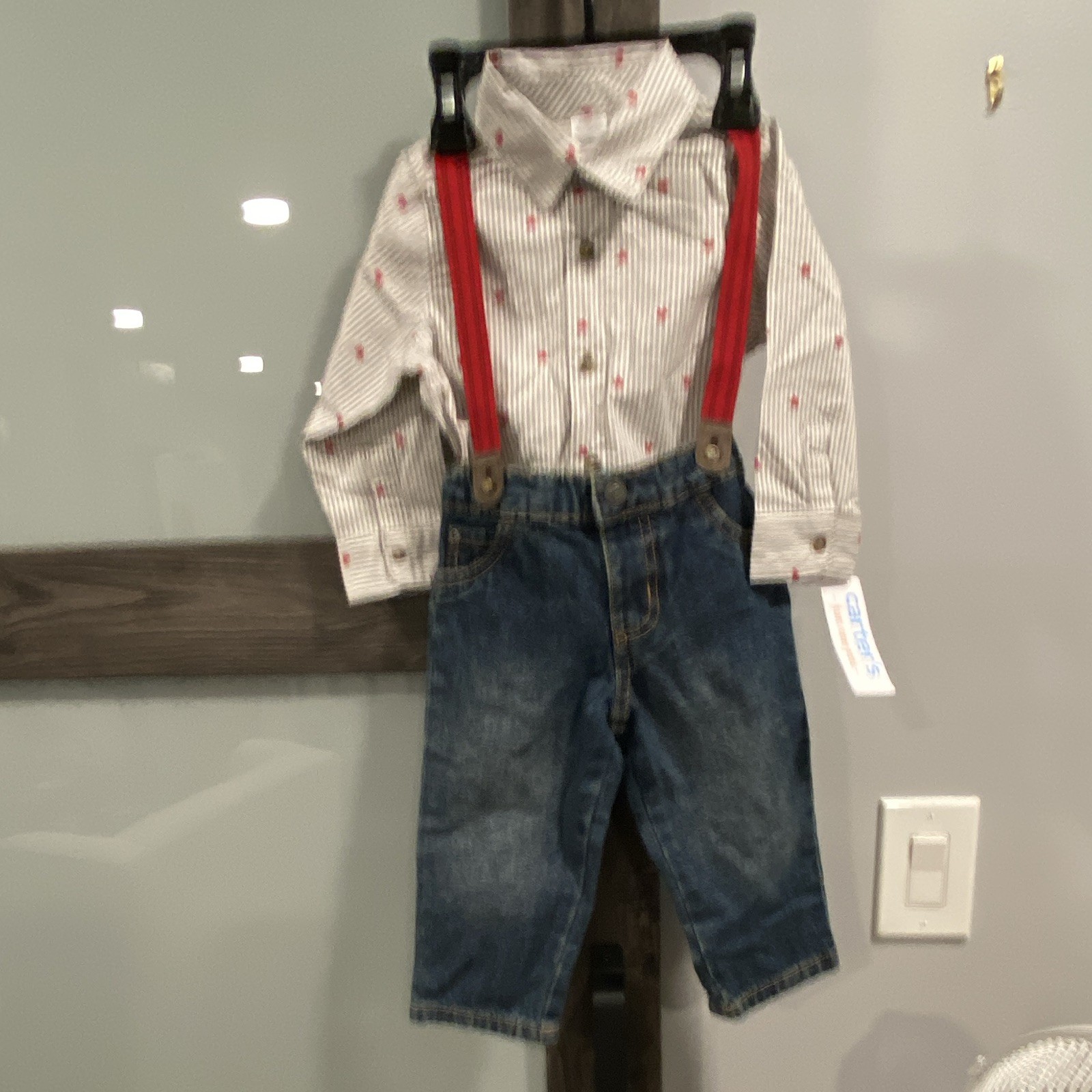 Carter’s Boys 2pc Outfit Set 12M Heart Stripe Shirt & Denim Pants Suspenders