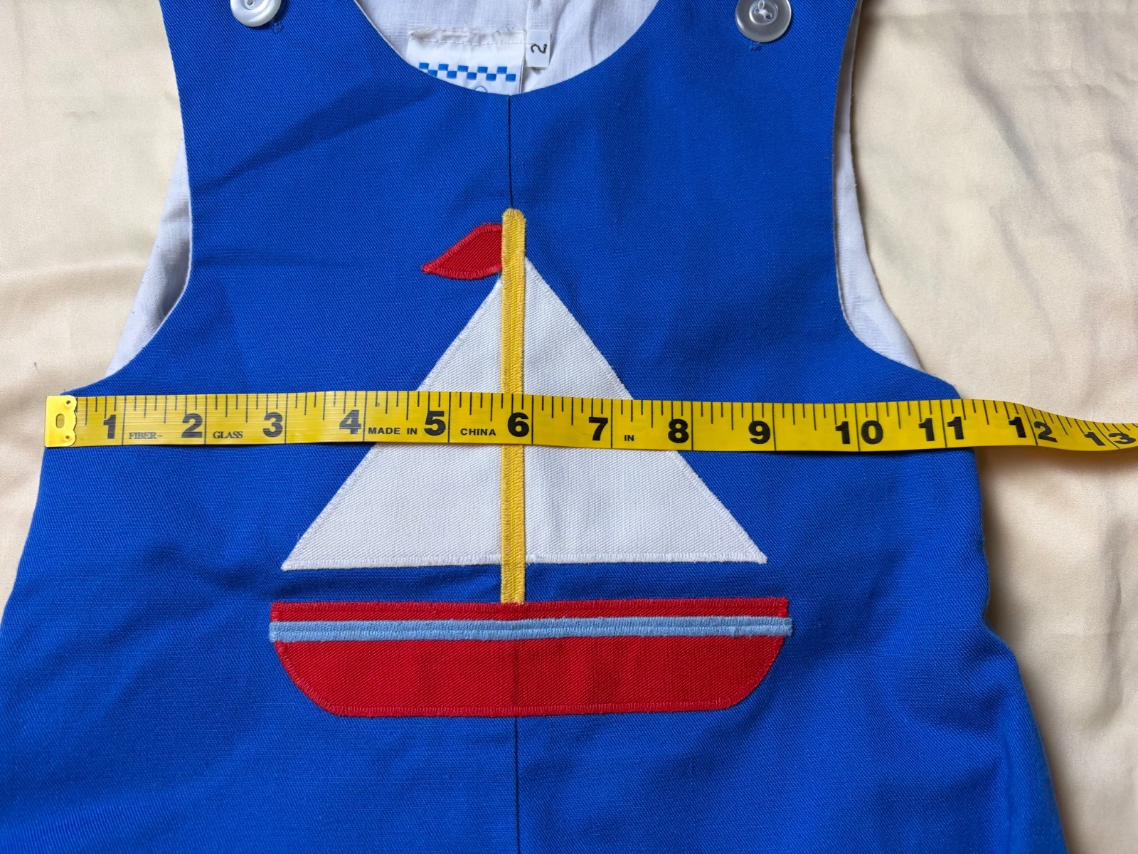 Vtg Kellys Kids Sz2 Bubble Romper Blue Applique Sailboat Bk Belt Snap Crotch Y2K