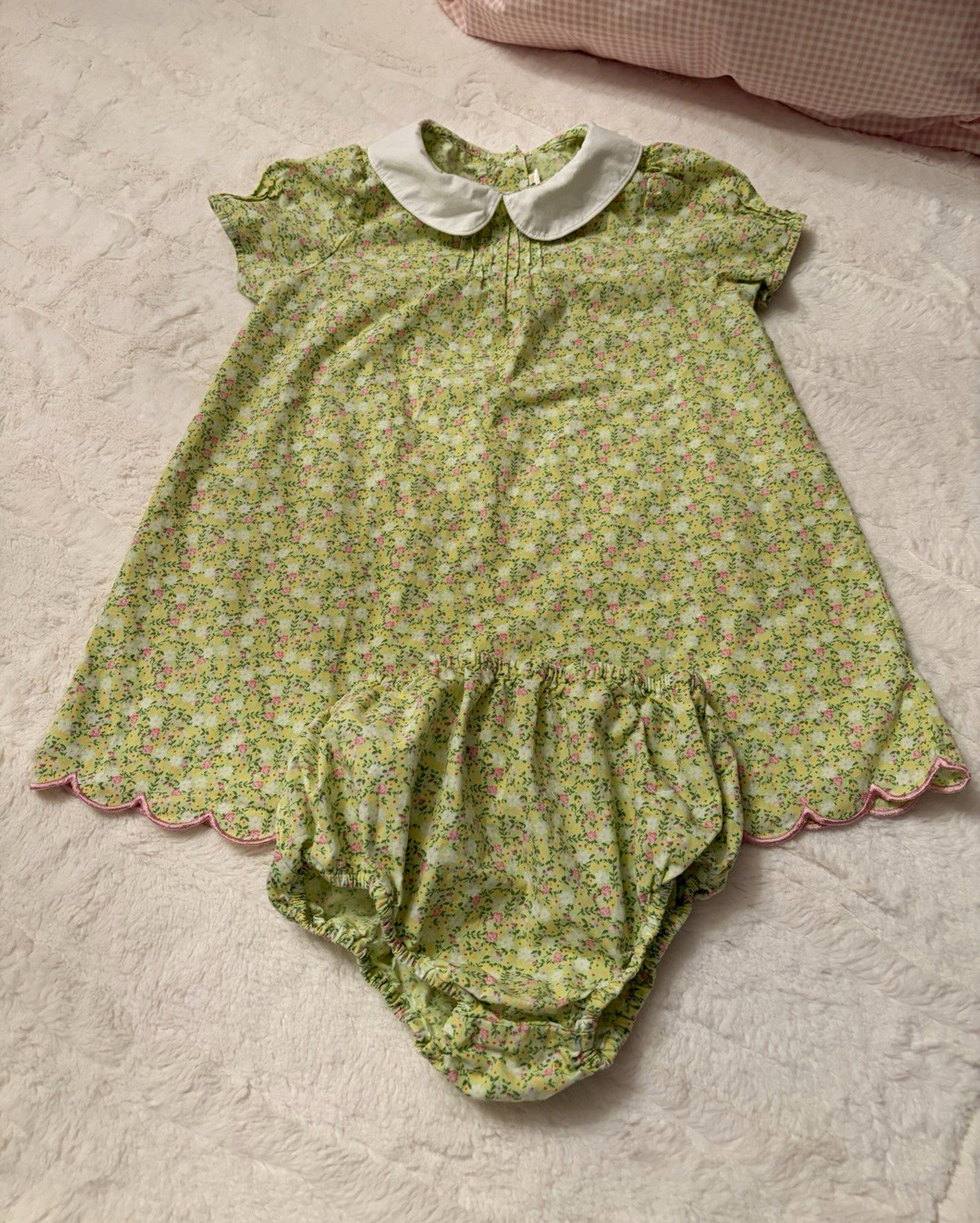 VTG Gymboree 2000 Girls 3T Green Pink Floral Dress w/Bloomers Scalloped edge