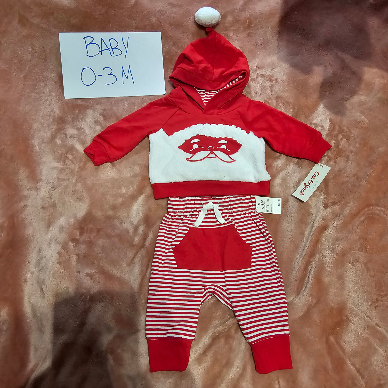 New Baby Boys 0-3M Santa Fleece Face Hooded Sweatshirt & Pants 2 Piece Set NWT