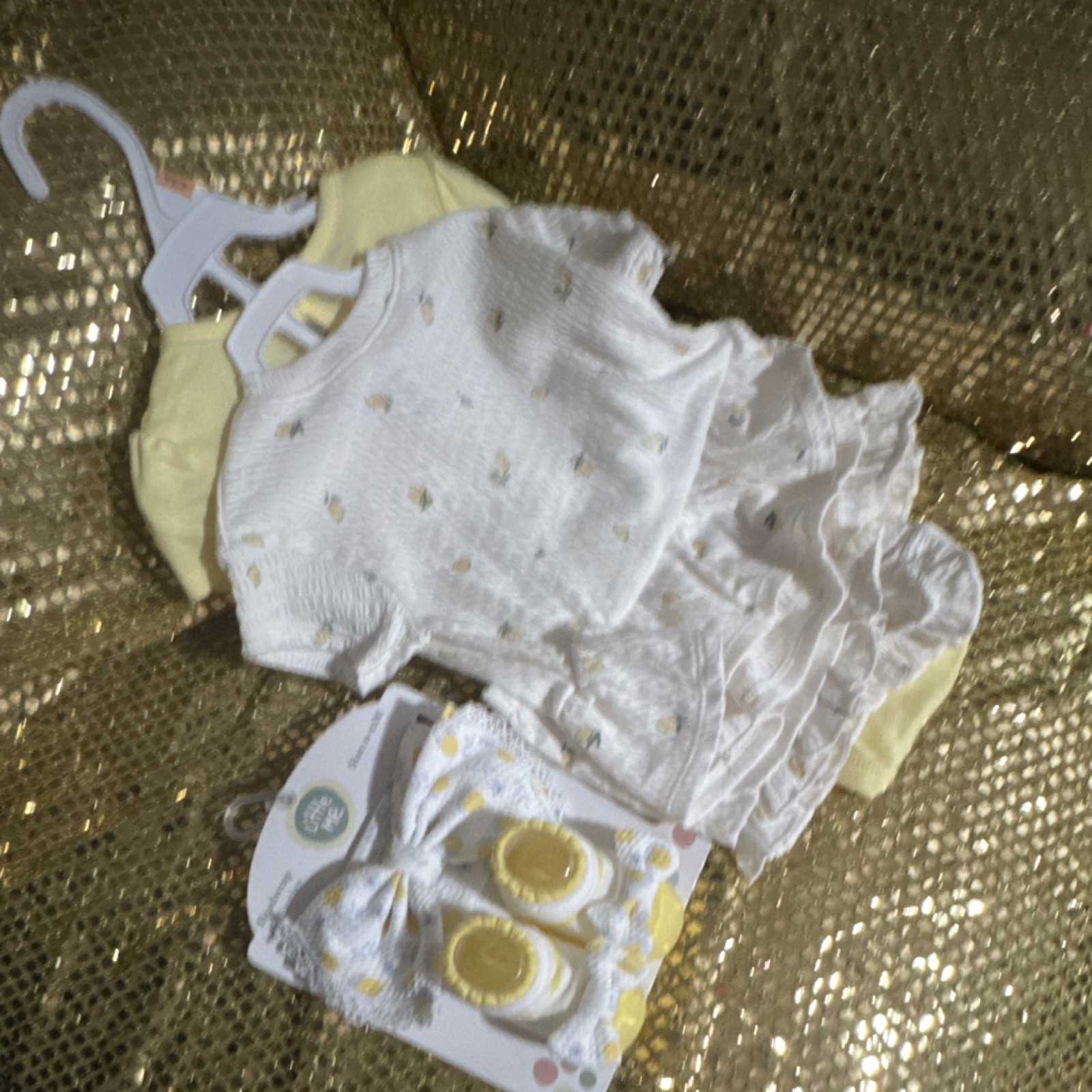 Carter’s & Little Me Yellow & White Bodysuit Set 0-3 Months Floral Polka Dot 4pc