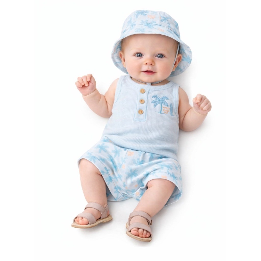 CHICKPEA 3 Piece Palm Tree Tank Shorts Hat Set 0-3M Blue Tropical NWT