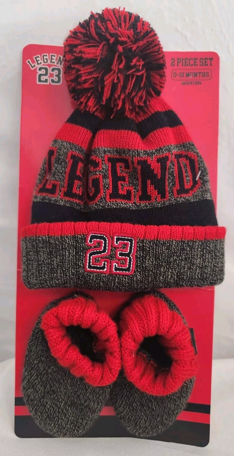 LEGEND 23 Baby Beanie and Booties 2 Piece Set Black Red Number 23 0 – 12 months