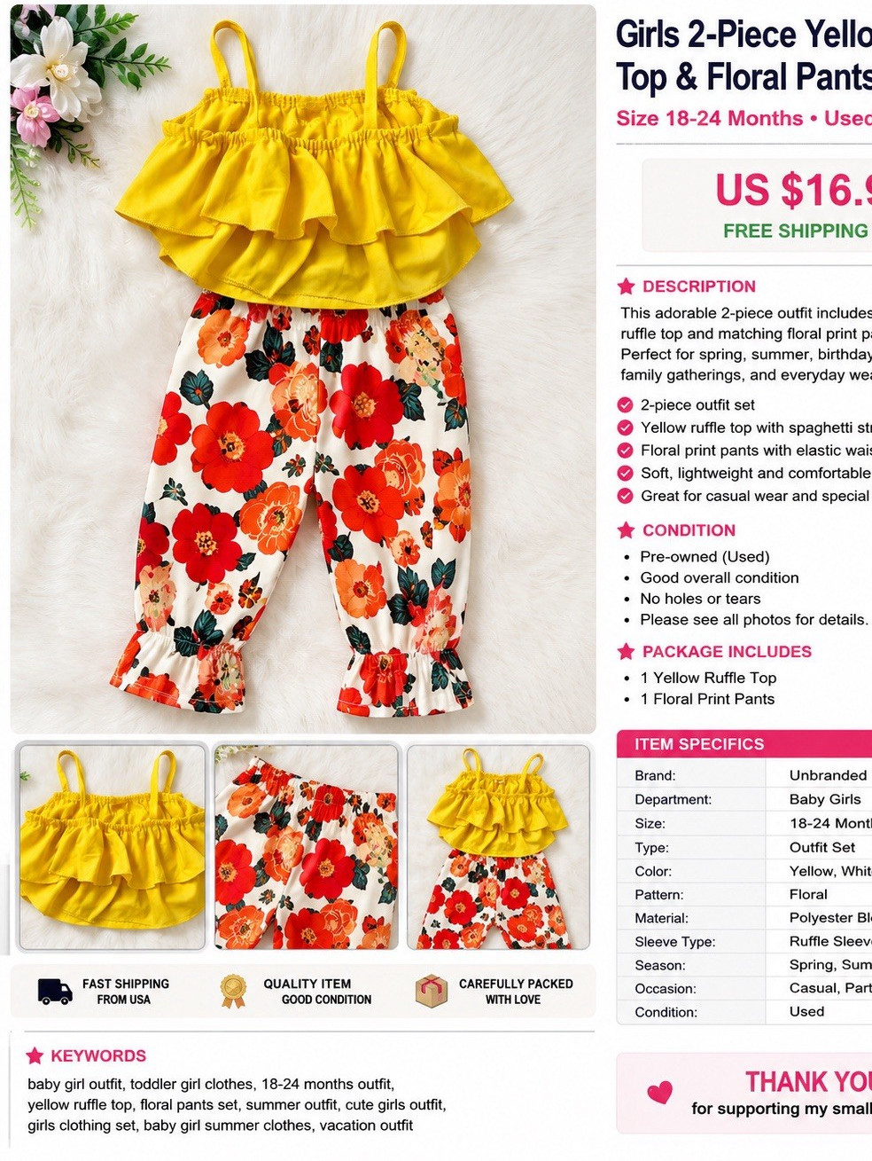 Girls 2-Piece Yellow Ruffle Sleeveless Top & Floral Pants Set 18-24M