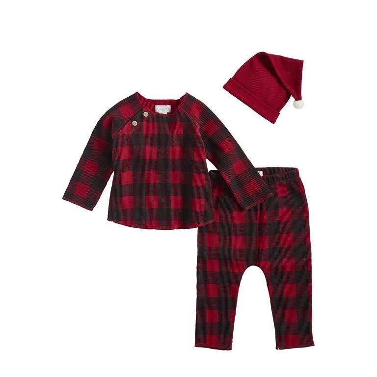 Mud Pie Alpine Village Red Buffalo Check Three-Piece Pants Set Hat 3-6 Months