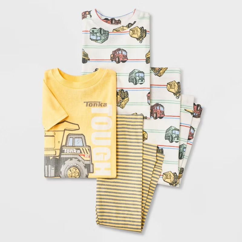 NEW Tonka Toddler Boys Cars Truck Yellow Ivory Cotton Pajama 4 pc Set Size 4T