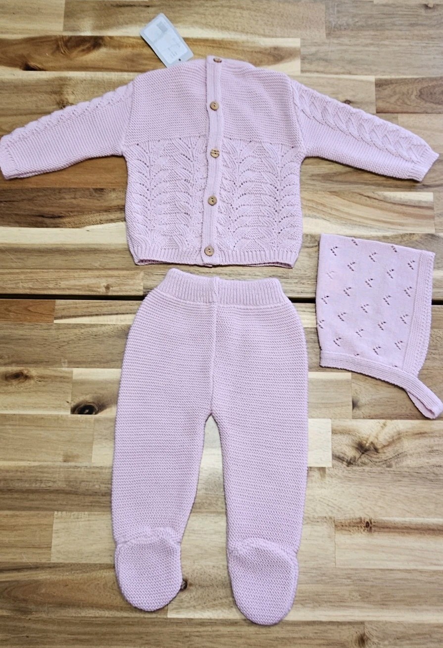 COTTON-BEBÉ Baby Girl 3-Piece Knit Outfit 3M Pink Dralon Sweater Pant Bonnet NWT