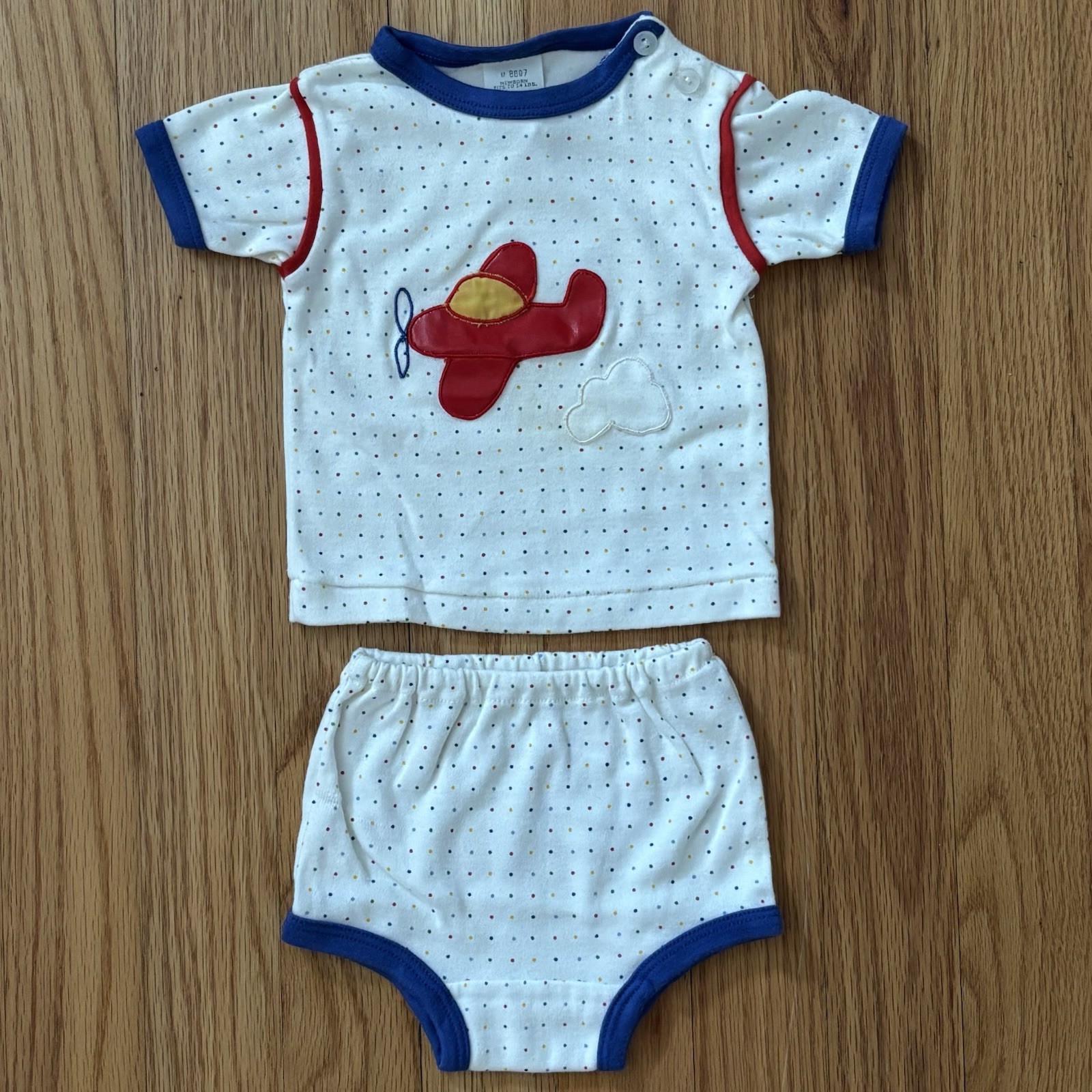 Baby Boy Outfit Vintage Newborn 2pc Airplane Cloud Polka Dots Primary Colors