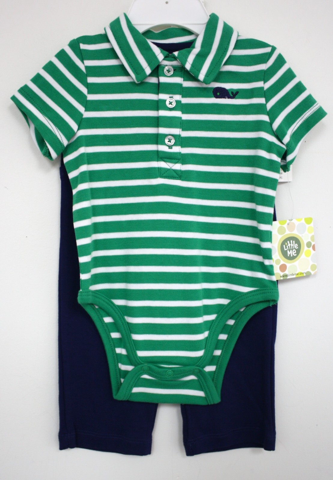 Little Me Outfit Green White Striped shirt Blue Pants 2 pc Whale Infant 9 month